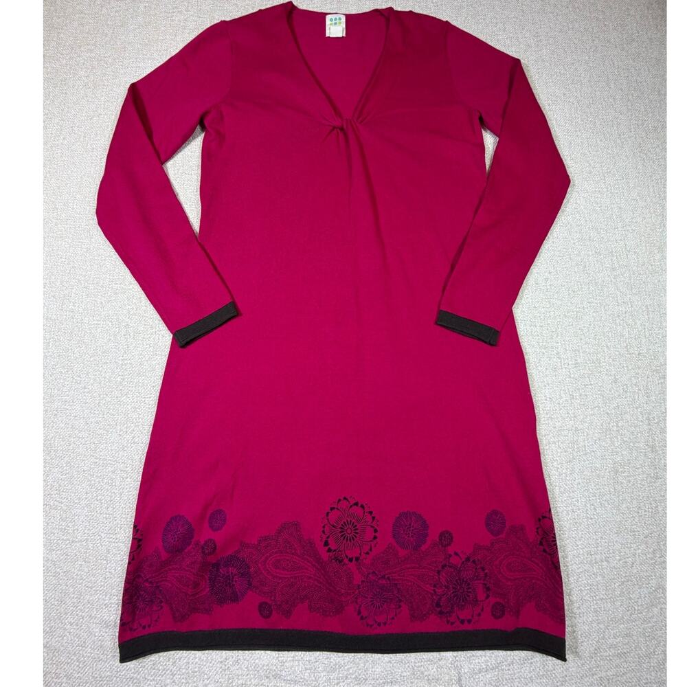 Title Nine Women Medium Pink Long Sleeve V Neck Sweater Knit Boho Pullover Dress
